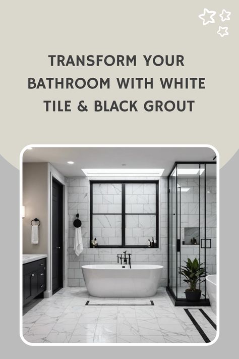 Modern bathroom with white tile and black grout, featuring a freestanding tub and glass shower. White Tile And Black Grout, White Tile With Black Grout, White Tile Black Grout, Black Grout Bathroom, Bathroom With White Tile, Tile With Black Grout, White Tiles Black Grout, Stunning Bathroom Ideas, Kitchen Tile Inspiration