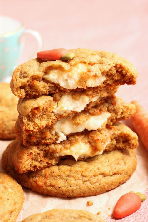 cream cheese carrot cake cookies Cookies With Box Cake, Stuffed Carrot Cake Cookies, Scientifically Sweet, The Best Carrot Cake, Cream Cheese Ball, Orange Cream Cheese, Carrot Cookies, Carrot Cake Cookies, Carrot Cake Cupcakes