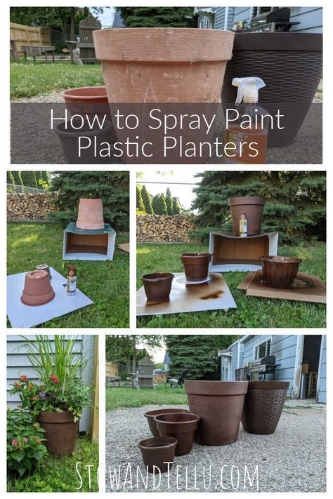 Step-by-Step Instructions for how to spray paint plastic planter pots. Only a few supplies are needed to turn old plastic planters into new-looking garden pots. Free printable directions included. #spraypaint #spray #paint #garden #planters #pots #containers #plastic #curbappeal #budget How To Paint Plastic Planters, Spray Paint Plastic Planters, Spray Paint Flowers, Spray Paint Plastic, How To Spray Paint, Paint Plastic, Diy Spray Paint, Patio Pots, Plastic Plant Pots