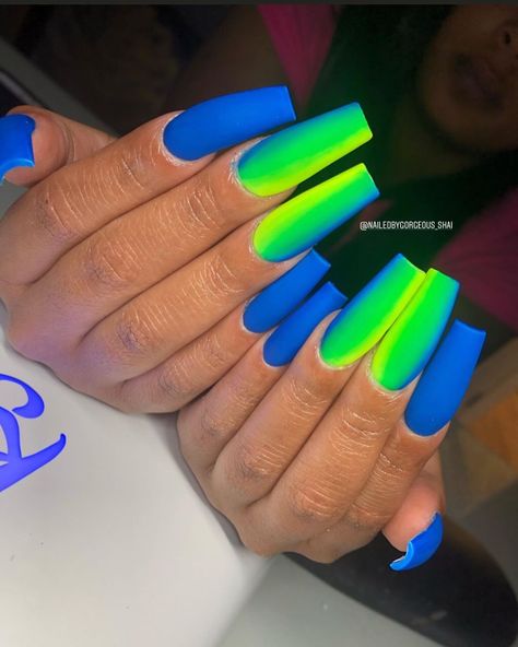 Good Nails Aint Cheap! on Instagram: “Electric ⚡️asf. • #nailsbygorgeousshai #blackgirlsdonails #bluenails #verticalombre #blueandgreennails #greennails #nailsofinstagram…” Electric Green Nails, Blue And Green Nails Ideas, Coffin Green Nails, Blue And Green Nails Designs, Green And Blue Nails, Blue And Green Nails, Green Coffin Nails, Neon Blue Nails, Lime Green Nails