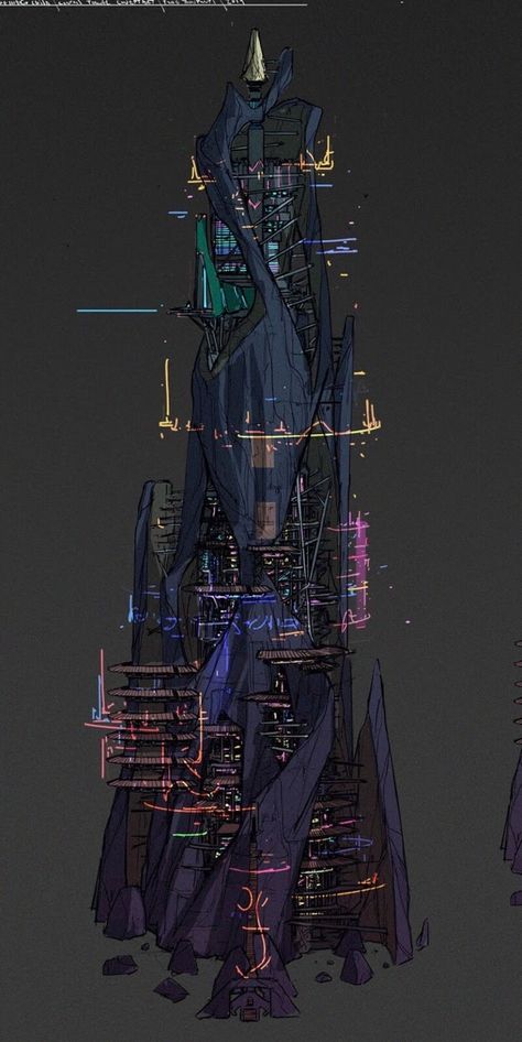 Cyberpunk Tower Concept Art, Futuristic Castle Concept Art, Secret Base Concept Art, Ancient Technology Concept Art, Sci Fi Nature, Wizard Tower Concept Art, Club Concept Art, Cyberpunk Tower, Fantasy Environment Concept Art