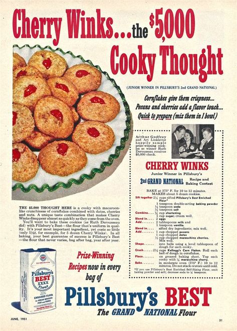 Cherry Winks Cornflake Cookies - Brownie Bites Blog Cherry Winks Cookie Recipe, Cherry Winks, Cookies Pillsbury, Wheaties Cereal, Cornflake Cookies, Baking Contest, Pinterest Friends, Food Contest, Vintage Baking