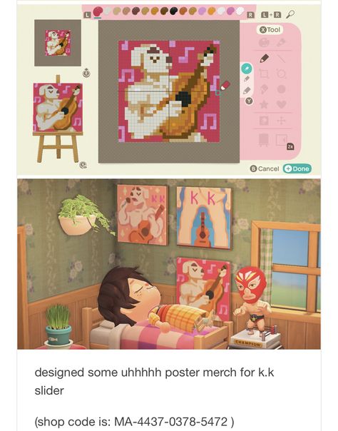 Acnh Kk Slider Design Code, Acnh Flick Fanart, Animal Crossing Id Codes Clothes, Pierce The Veil Animal Crossing, Animal Crossing Art Codes, Anch Codes Clothes, Acnh Eyebrows And Blush, Acnh Poster Codes, Animal Crossing Poster Design