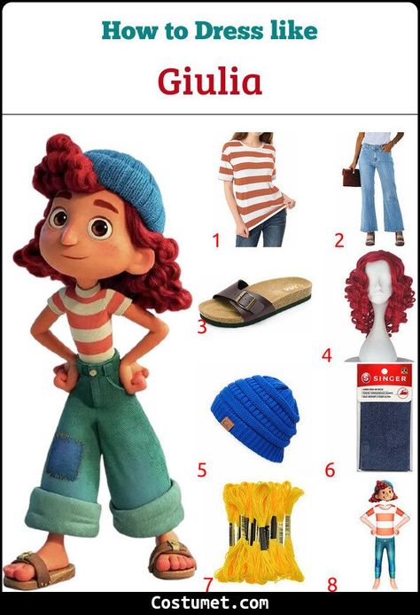 Giulia Marcovaldo (Luca) Costume for Cosplay & Halloween 2021 Julia From Luca Costume, Luca Costume Disney, Luca Halloween Costume, Luca Outfits, Orange Hair Outfit, Italian Costume Ideas, Luca Costume, Halloween Tshirt Diy, Giulia Luca