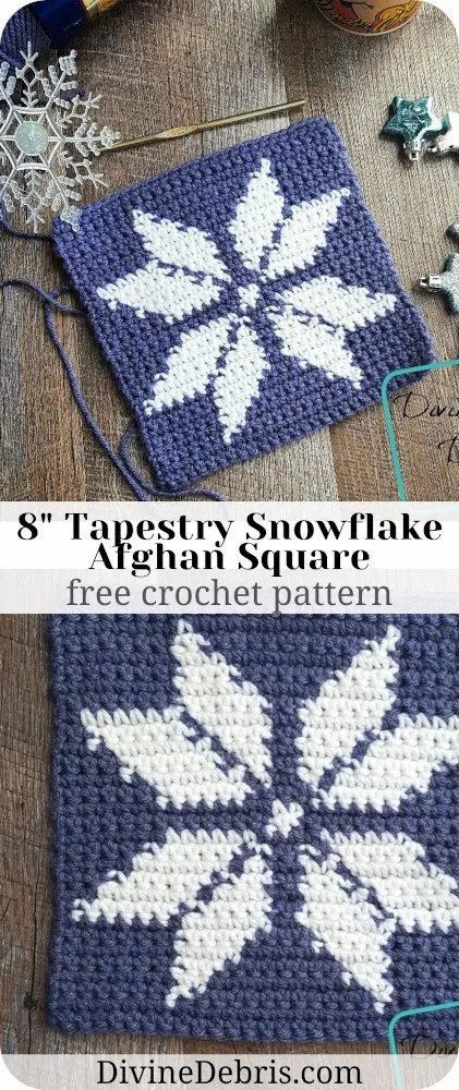 Learn to make the 8" Tapestry Snowflake Afghan Square from a free crochet pattern and afghan square CAL on DivineDebris.com Snowflake Tapestry Crochet Pattern, Snowflake Granny Square Pattern Free, Crochet Christmas Tapestry, Easy Crochet Tapestry Pattern, Snowflake Afghan, Crochet Snowflake, Crochet Snowflake Pattern, Crochet Blanket Pattern Easy, Crafty Christmas