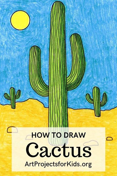 Learn how to draw a Cactus with an easy step-by-step PDF tutorial. #howtodraw #tutorial #drawing #drawingtutorial #arttutorial #artprojectsforkids #howtodrawforkids #cactus Draw A Cactus Easy, How To Draw A Cactus Step By Step, How To Draw Cactus Flowers, How To Draw A Cactus, Cactus Art Project, Cactus Art Lesson, Draw Cactus, Cactus In Desert Drawing, Draw A Cactus