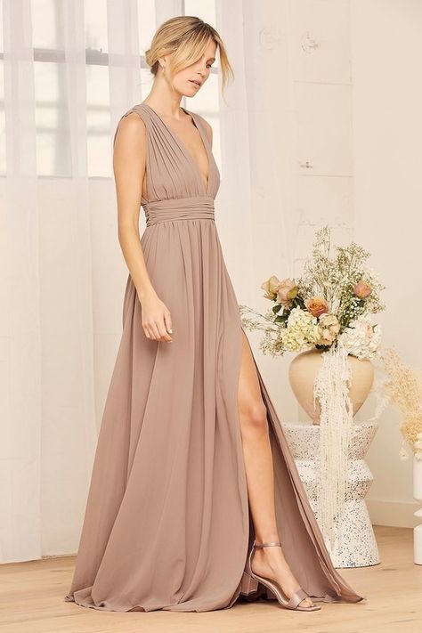 100+ Dresses Perfect for Wedding Guests | The Perfect Palette Wedding Guest Attire Guide, Long Sleeve Formal Gown, Taupe Gown, Attire Guide, Taupe Maxi Dress, Taupe Wedding, Taupe Bridesmaid Dresses, Taupe Dress, Long Sleeve Evening Gowns