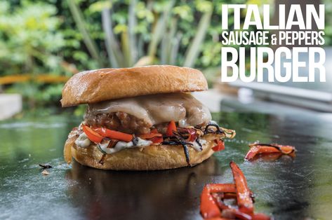 Sausage Burger, Italian Sausage And Peppers, Sausage Burgers, Savory Meals, Hot Italian Sausage, Sausage And Peppers, Burger Recipe, Smash Burger, Man Food