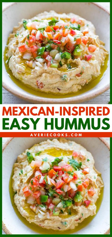 Easy Taco Hummus Recipe - Averie Cooks Taco Hummus, Classic Hummus, Mediterranean Recipes Healthy, Healthy Taco, Easy Hummus Recipe, Unique Appetizers, Hummus Recipe Homemade, Averie Cooks, Easy Hummus