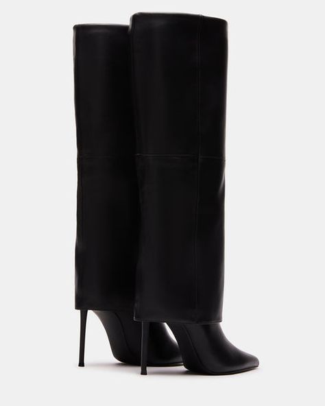 A stiletto heel and a pointed-toe peek from under the SMITH knee boot's fold-over construction. Step out into style with this versatile boot.  Point-toe stiletto fold-over knee boot Slip-on style 4 inch heel height  Size 6 measurements: 13.75 inch shaft circumference, 14.5 inch shaft height  Size 8 measurements: 16 inc The Smith, Apparel Merchandising, Leather Wear, Knee Boot, Leather Cuffs, Dream Shoes, High Heel Boots, Stiletto Heel, Cute Shoes