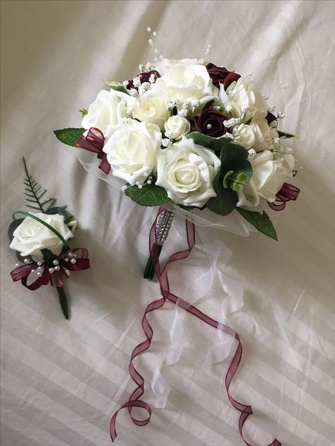 Bridesmaids bouquet in ivory, cream & burgundy. One I made myself. Dresses Flowers, Bridesmaids Bouquet, Bridesmaid Bouquets, Wedding Dresses With Flowers, Bridesmaid Flowers, Bridesmaid Bouquet, Ikebana, Floral Art, Bouquets