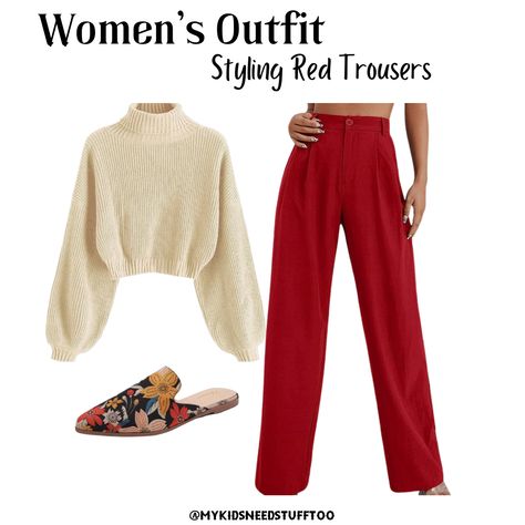 Red trousers. Neutral sweater. Funky mules. Womens red trouser outfit casual comfy How To Style Red Trousers, Red Trouser Outfit Women, Red Trousers Outfit Casual, Trouser Outfit Casual, Navy Jumper Outfit, Red Trousers Outfit, Hongkong Outfit, Street Style Women Winter, Red Linen Pants