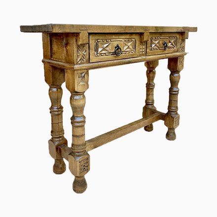 Style: Vintage, Modernist, Baroque
Design Period: 1920 to 1949
Country of Manufacture: Spain
Materials: Iron, Walnut
Color: brown
Dimensions: Width: 99.8, Depth: 28, Height: 73 Spanish Baroque, Mexican Furniture, Baroque Furniture, Baroque Design, Chip Carving, Turned Leg, Sofa Table, Early 20th Century, Home Decor Inspiration