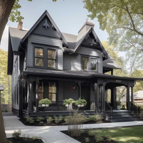 Charcoal Grey House Interior, Dark Grey Victorian House Exterior, Goth Home Exterior, Grey House Black Windows, Grunge House Exterior, Grey And Black Exterior House, Grey And Black House, Gray House Black Trim, Gray House With Black Trim