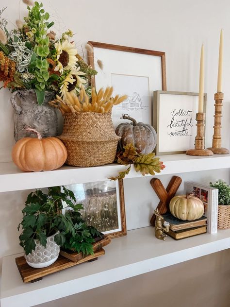 Fall Shelf Decor Ideas, White Bookshelf Decor, Shelf Decor Boho, Halloween Lifestyle, Fall Shelf Decor, Creative Bookcases, Shelf Designs, Shelves Kitchen, Aesthetic Living Room