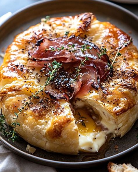 Baked Brie in Puff Pastry with Honey, Fig, and Prosciutto Baked Brie Puff Pastry, Fig And Prosciutto, Baked Brie In Puff Pastry, Brie In Puff Pastry, Fig Appetizer, Brie Recipes Appetizers, Baked Brie Cheese, Brie Cheese Recipes, Baked Brie Appetizer