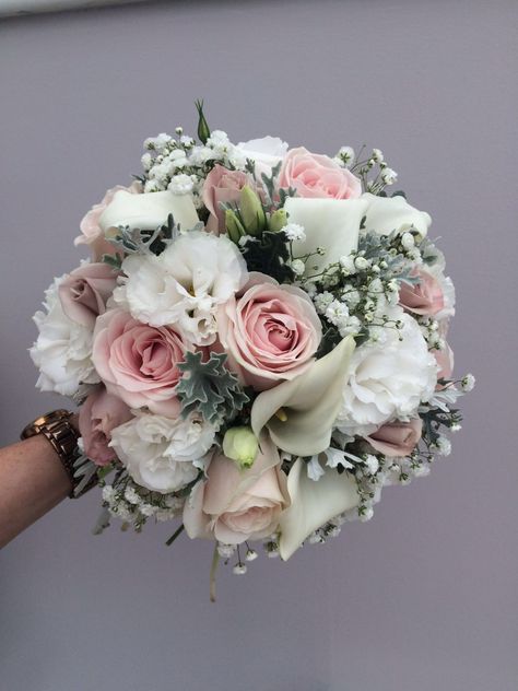 White Flowers With Pink Accents, Pink Grey Wedding Theme, Grey And Pink Flowers, Pink And Silver Prom Bouquet, Pink Grey And White Wedding, Light Pink And White Wedding Bouquet, Light Pink And White Flowers, White And Pink Bouquet Wedding, Grey And Pink Wedding Theme