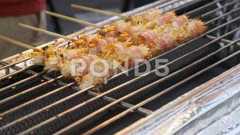 Bacon-Wrapped Enoki Mushrooms Grilling On Skewers At A Street Food Market Enoki Mushrooms, Street Food Market, Skewers Grill, M&m Recipe, Food Street, Bacon Wrapped, Food Market, Skewers, Street Food