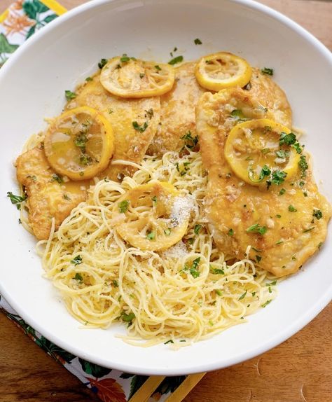 Chicken Francese with Angel Hair Pasta - Proud Italian Cook Chicken Francese With Pasta, Lemon Chicken Over Angel Hair Pasta, Lemon Angel Hair Pasta With Chicken, Chicken Francese Pasta, Chicken Piccata With Angel Hair Pasta, Chicken Cutlet Pasta, Chicken Angel Hair Pasta Recipes, Chicken And Angel Hair Pasta Recipes, Fish Francese Recipe