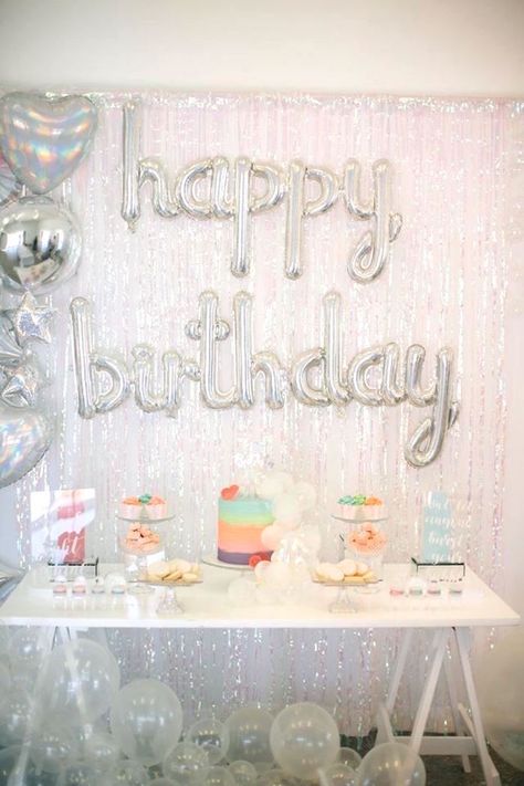 Kara's Party Ideas Iridescent "Be Bubbly" Birthday Party | Kara's Party Ideas Holographic Theme Party, Holographic Birthday Party Ideas, Bubbles Party Theme, Holographic Birthday Party, Holographic Backdrop, Iridescent Party Decorations, Iridescent Birthday, Holographic Party, Backdrop Table