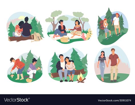 Fire In Forest, Camping In Forest, Picnic Gathering, Forest Vector, Couples Camping, Forest Camp, Illustration People, Happy Couples, Walk In The Woods