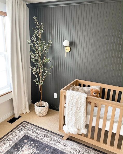 Sherwin-Williams on Instagram: “Creating an #SWSanctuary space can be as simple as adding an accent wall. Swipe ↔️ to see how @barcbybrettandali used beadboard, sconces,…” Bead Board Walls Bedroom, Beadboard Nursery, Beadboard Accent Wall, Beadboard Bedroom, Urbane Bronze Sherwin Williams, Painted Beadboard, Urbane Bronze, Bead Board Walls, Fleetwood Paint