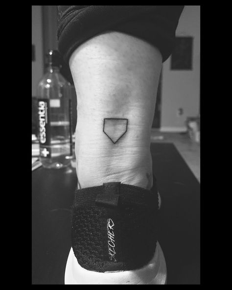 Home plate tattoo on ankle Baseball Tattoos Ideas, Baseball Related Tattoos, Softball Tattoos For Women Small, Cool Baseball Tattoos, Baseball Home Plate Tattoo, Matching Baseball Tattoos, Baseball Softball Tattoo, Fine Line Baseball Tattoo, Baseball Number Tattoo