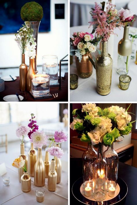 Wine_bottles_wedding_floral_decor Centerpieces Using Wine Bottles, Lighted Wine Bottle Centerpieces, Simple Wine Bottle Centerpieces, Wine Bottle Vases Centerpiece, Wine Bottle Wedding Decor, Glass Bottles Wedding, Glass Bottle Centerpieces, Wine Bottle Centerpiece, Wine Bottle Table