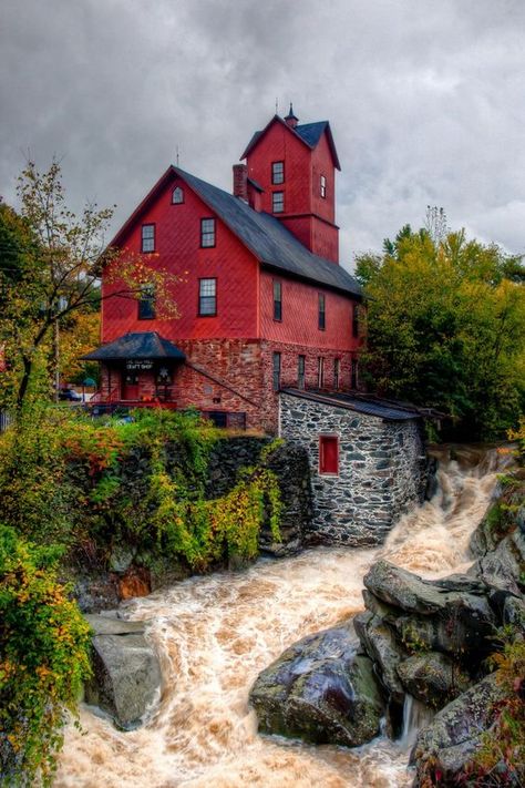 Grist Mill, Jericho, Vermont - The Old Grist Mill in Jerico Vermont in flood after 6 inches of rain in 24 hours.  Nearly every valley in central Vermont is flooded. Jericho Vermont, Old Grist Mill, Water Wheels, Grist Mill, New England States, Water Wheel, Old Barns, Covered Bridges, Milling