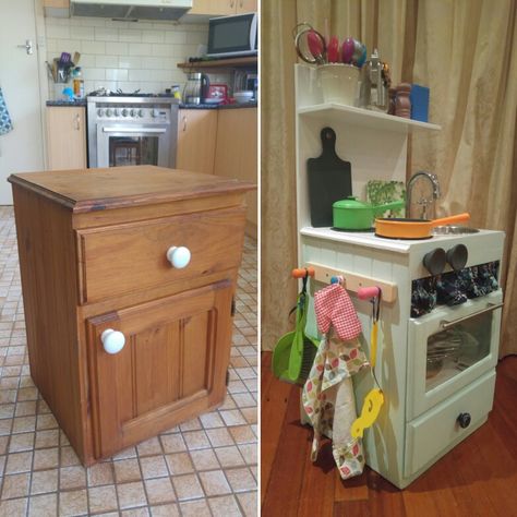 Before and after: upcycled play kitchen I made for my daughter's 2nd birthday from a bedside locker Upcycle Play Kitchen, Diy Kitchen Toy, Play Kitchen Plans, Home Made Kitchen, Kids Furniture Makeover, Diy Kids Kitchen, Upcycle Kids, Diy Locker, Kids Play Kitchen