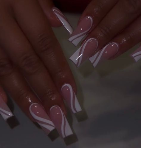 Acrylic Nails With Line Designs, Pink Nails White Lines, Line French Tip Nails, Line Work Nails, Abstract Line Nail Art, Famu Homecoming, French Nails Long, Ballerina Nails Designs, Pink Tip Nails