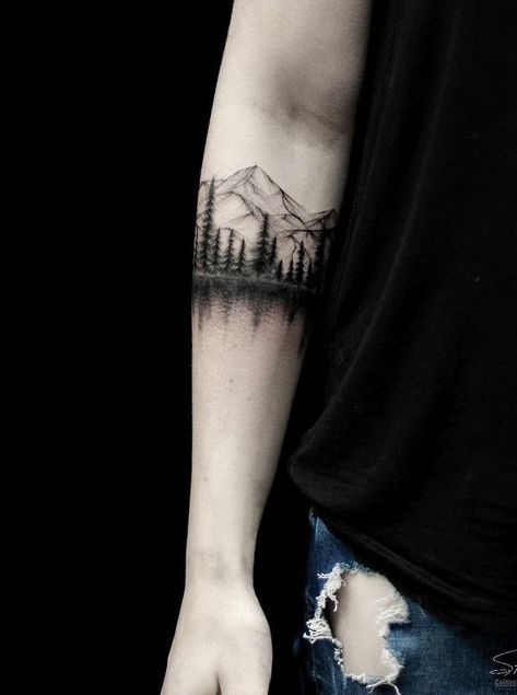 40 Landscape Tattoo Ideas | Cuded Japanese Tattoo Background, Landscape Tattoo Ideas, Forest Tattoo, Tattoo Trend, Landscape Tattoo, Forest Tattoos, Incredible Tattoos, Small Tattoos Simple, Arm Band Tattoo