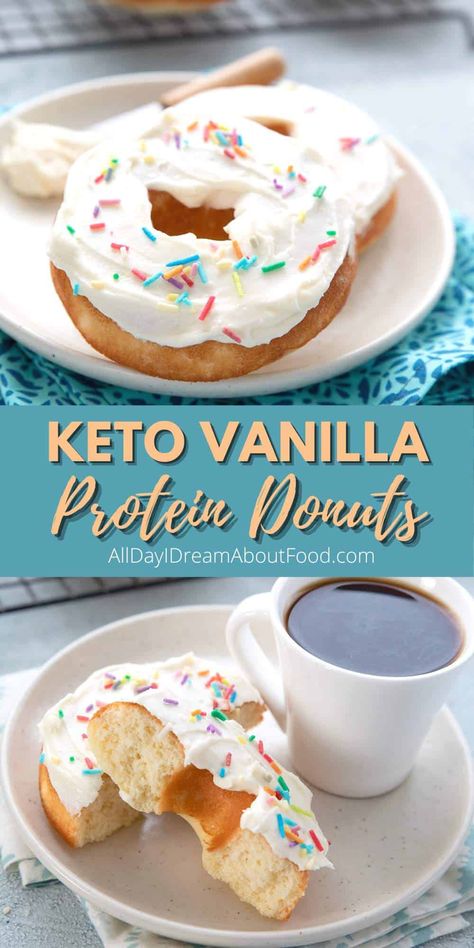 With 12g of protein, these delicious protein donuts make a fabulous keto snack. Tender and sweet, these baked vanilla donuts are easy to make and fun to eat! Protein Donuts Recipe, Donut Calories, Keto Protein, Keto Donuts, Protein Donuts, Postre Keto, A Beautiful Morning, Keto Snack, Low Carb Low Sugar