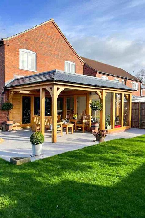 Stunning Oak Sunroom Oak Sunroom, Covered Seating Area, Oak Mantle, House Extension Design, Extension Designs, Hip Roof, Entertaining Space, House Extension, Oak Doors