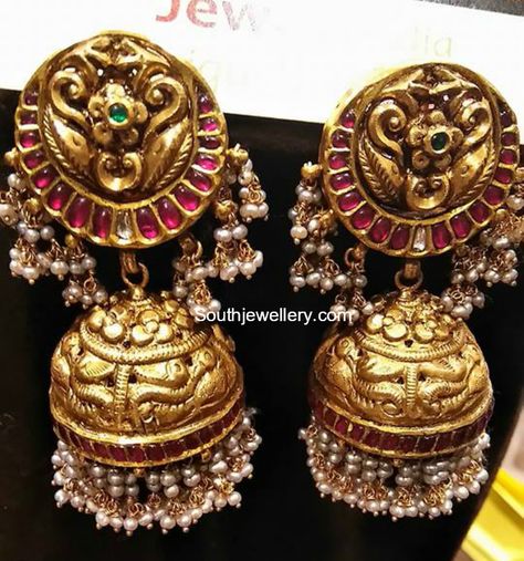 Kundan Buttalu, Jhumka Collection, Nakshi Jewellery, Pearl Jhumkas, Gold Jhumkas, Engagement Jewellery, Gold Jhumka Earrings, Gold Temple Jewellery, Antique Gold Jewelry Indian