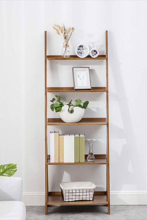 K KELBEL Bookshelf & Ladder Shelf &Storage Rack & Multipurpose Bamboo Organizer Shelves Furniture for Home Office, Living Room, Kitchen, Office 5 Tier (Brown） Bamboo Organizer, Shelves Furniture, Plant Rack, Ladder Bookshelf, Shelf Furniture, Wood Ladder, Solid Wood Shelves, Bamboo Furniture, Study Bedroom