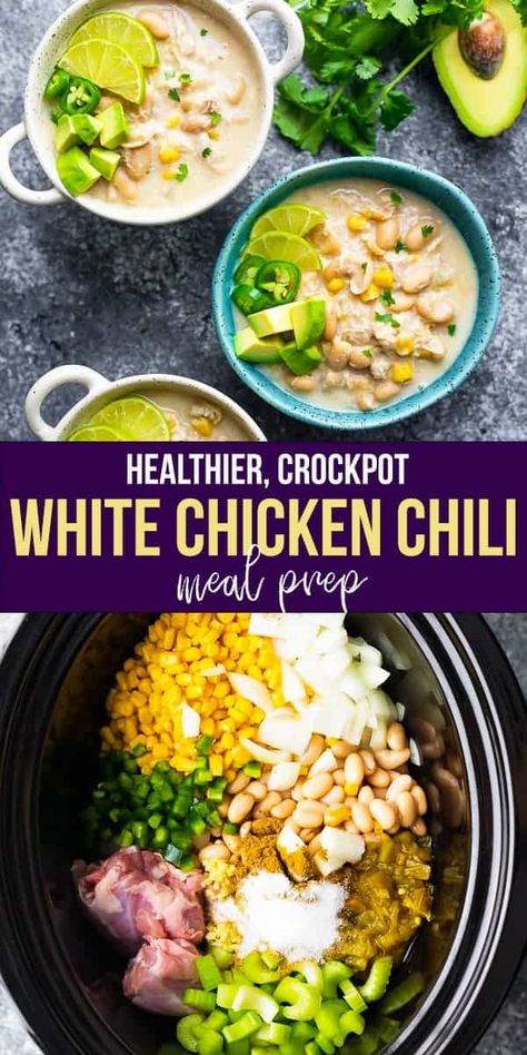 White Chicken Chili Crockpot Recipes Healthy, Healthier White Chicken Chili, Healthier Crockpot Meals, Crock Pot Healthy, Mealprep Freezer, Slow Cooker White Chicken Chili, Chili Healthy, Chili Crockpot, White Chicken Chili Slow Cooker