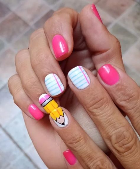 40+ Cute Back to School Nail Art for Girls - HubPages Short Acrylic Nails Teacher, School Theme Nail Art, Cute Teacher Nail Designs, Kindergarten Nail Designs, Back To School Kid Nails, Teacher Nails Short, Back To School Manicure Ideas, Nails For Teachers Back To School, School Design Nails