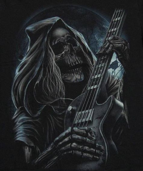 Dead Rocker Grim Reaper Tattoo, Reaper Tattoo, Grim Reaper Art, Heavy Metal Art, Skull Pictures, Arte Alien, Skull Artwork, Skeleton Art, Music Tattoos