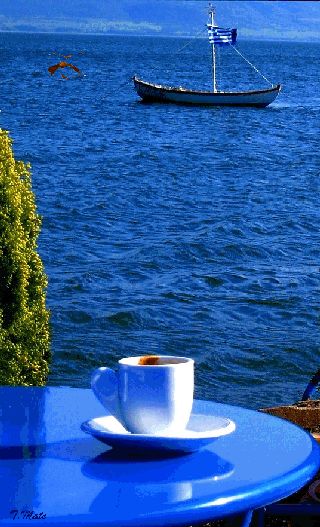 Blue Good Morning, I Need Vitamin Sea, Morning Friends, Good Morning Coffee, A Cup Of Coffee, Coffee Cafe, Coffee Love, Greek Islands, Cup Of Coffee