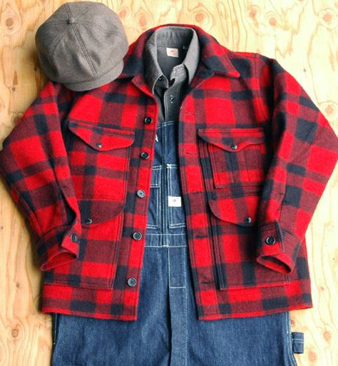 Filson "Washed Original Mackinaw Cruiser" Sugar Cane "Flannel L/S Work Shirt" Sugar Cane "11.75oz. Denim Overall" Hot Apples, Mackinaw Cruiser, Filson Mackinaw, American Casual Style, Interesting Fashion, Men Streetstyle, Masculine Fashion, Overalls Fashion, Hunting Jacket