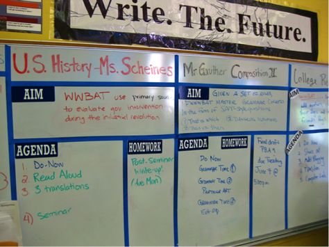 middle school classroom management | shared high school classroom’s divided whiteboard Daily Flow, Middle School Classroom Management, Mommy Ideas, Farmhouse Classroom, Education Quotes Inspirational, High School History, Classroom Tips, Class Decor, High School Classroom