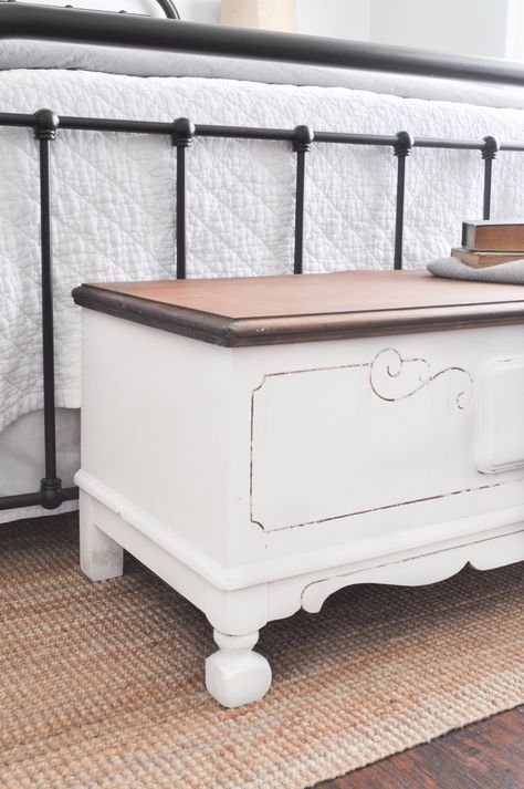 Refinished Chest Cedar, Painted Cedar Chest Ideas, Old Chest Makeover, Refinished Chest, Upstairs Playroom, Cedar Chest Makeover, Vintage Cedar Chest, Hope Chest Makeover, Cedar Chest Redo