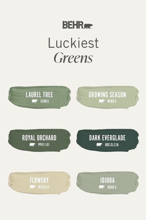 Lucky you! We have a new color palette that features some of our favorite charm-ing green shades. Greens Palette, Behr Color Palettes, Exterior Door Colors, Behr Colors, Color Of The Month, Behr Paint Colors, House Color Palettes, Behr Paint, Green Palette