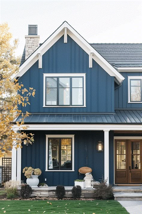 19 Blue Home Exterior Paint Ideas Blue Brick House Exterior, Navy Blue Exterior House Colors, Blue Siding House, Blue House White Trim, Home Exterior Paint Ideas, Navy House Exterior, Blue Exterior House Colors, Blue Home Exterior, Dark Blue Houses