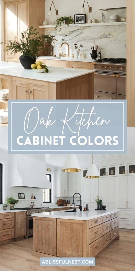 Oak cabinets offer endless possibilities for creating a kitchen that's both stylish and inviting. Explore a range of stunning oak kitchen cabinet colors, from rich and traditional stains to light and airy hues. Discover how these versatile shades can transform your space and complement any design aesthetic. Get ready to fall in love with your kitchen all over again! #kitchenremodel #cabinetcolors #interiordesign Flooring For Light Oak Cabinets, White Oak Traditional Kitchen, Kitchen Cabinet Light Wood, Light Wood Tone Kitchen Cabinets, Light Oak And White Kitchen Cabinets, Stained Oak Kitchen Island, Light Wash Cabinets, Backsplash With Natural Wood Cabinets, White Painted Oak Cabinets