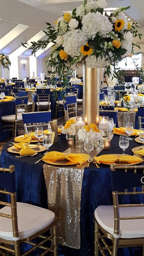 Navy Blue And Yellow Quinceanera, Royal Blue And Sunflower Quinceanera, Marine Blue And Sunflower Wedding, Navy Blue And Yellow Party Decorations, Royal Blue And Yellow Wedding Theme Table Settings, Royal Blue And Yellow Wedding Decor, Royal Blue And Yellow Party Decorations, Navy And Marigold Wedding, Yellow Wedding Venue Decorations