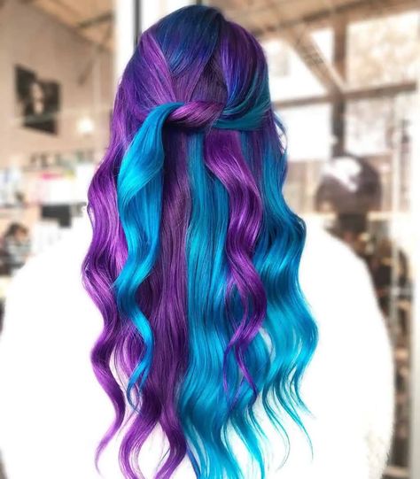 Split Hair Color Ideas, Split Hair Color, Blue And Purple Hair, Split Dye Hair, Split Dye, Split Dyed Hair, Hair Color Underneath, Hair Braider, Creative Hair Color