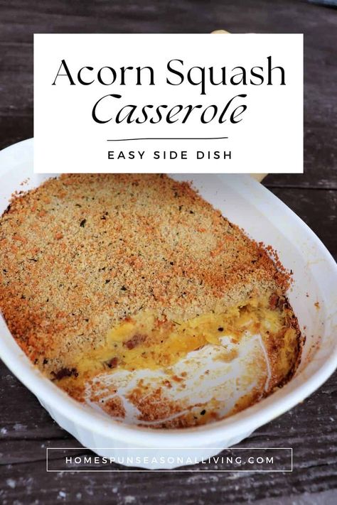 Make a simple and delicious acorn squash casserole with this easy recipe that includes a bit of bacon with a buttery breadcrumb topping for a comforing and nourishing dish! Acorn Squash Casserole, Creamy Squash, Mashed Squash, Casserole With Bacon, Breadcrumb Topping, Bacon Casserole, Squash Casserole Recipes, Acorn Squash Recipes, Scratch Recipes