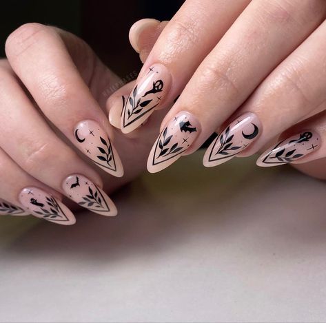 Halloween nails #nails #ghosts #manicure #mani #moon #bats Summer Alt Nails, Lunar Moth Nails, Whimsy Goth Nails, Spring Goth Nails, Goth Almond Nails, Witchy Nails Almond, Summer Goth Nails, Leafy Nails, Moth Nails